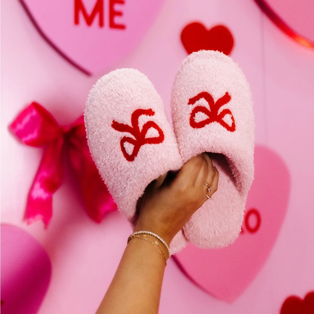 Staykation Pink Fuzzy Slippers with Red Bow Embroidery